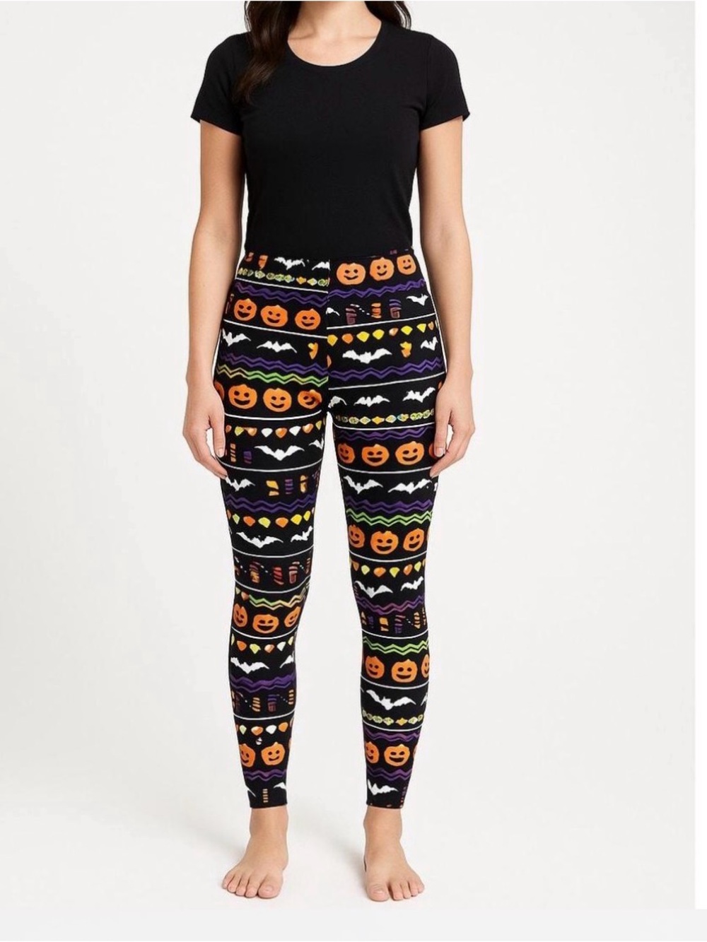 NOBO Black Halloween Pumpkin Print Leggings with Orange & Purple Accents